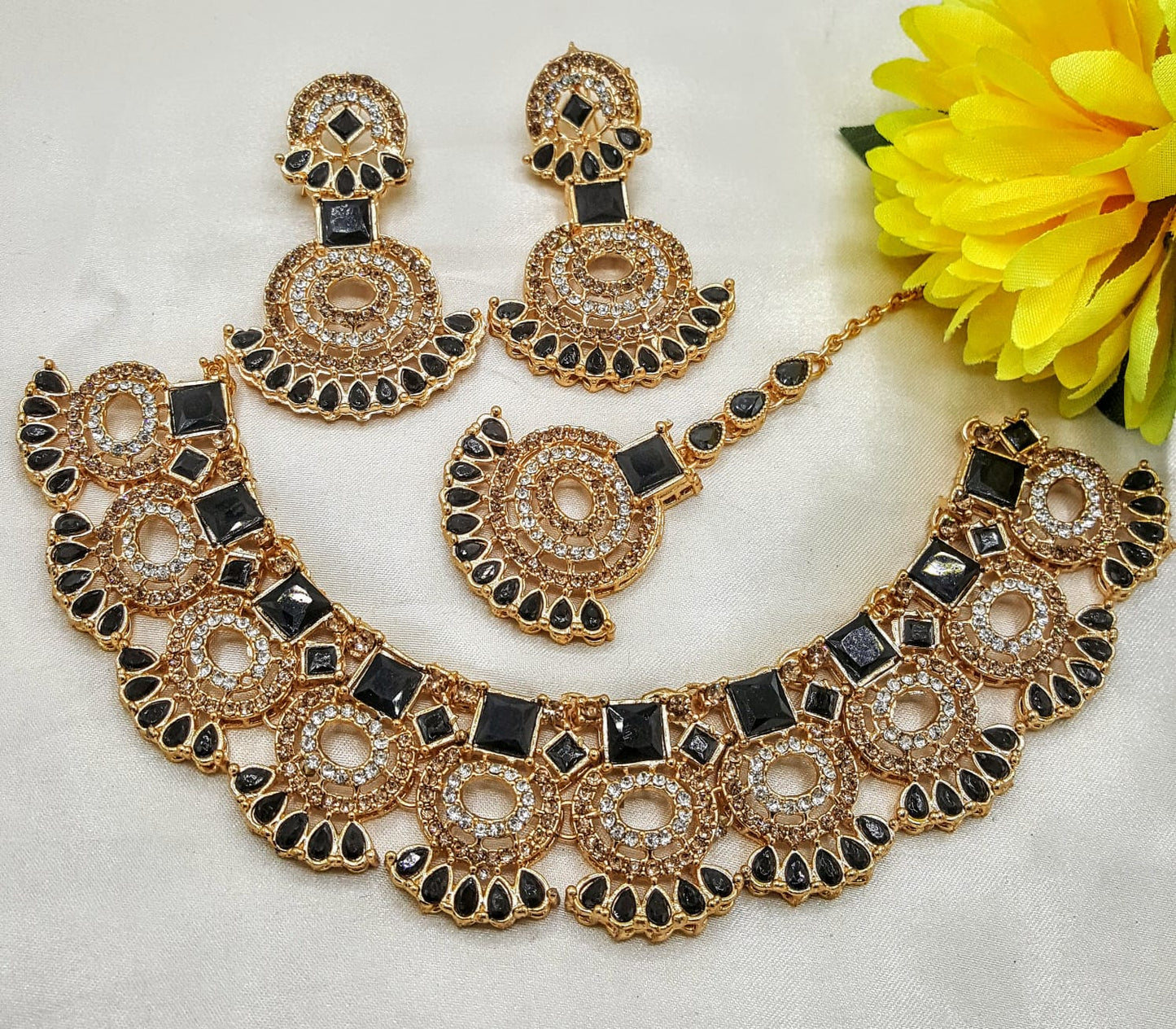 necklace set, necklace and earring set, bridal necklace, gold necklace set, gold necklace and earring set, necklace earring set, couples necklace set (V=1COL(BLACK)(JM2)NECK7)