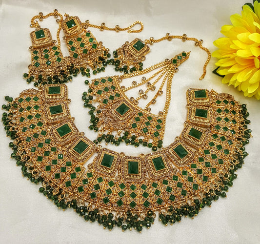 necklace set, necklace and earring set, bridal necklace, gold necklace set, gold necklace and earring set, necklace earring set, couples necklace set (V=2COL(GREEN)(JM2)NECK1)